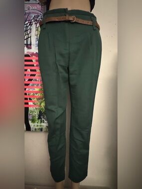 Forest Green Cotton Tailored Pants with Belt